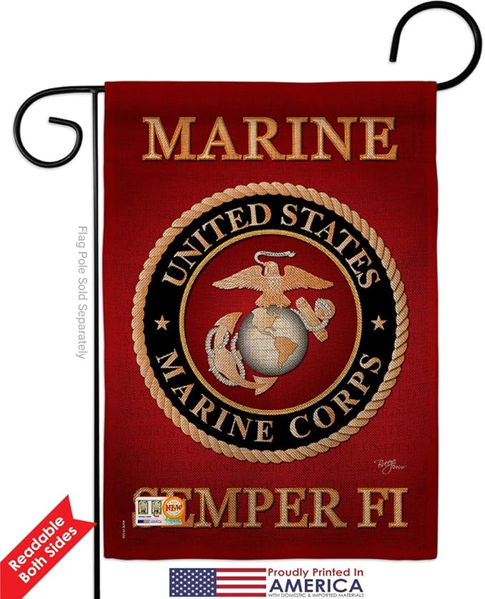 Marine Corps Burlap Garden Flag - Pack Armed Forces USMC Semper Fi United State American Military Veteran Retire Official USA Applique - House Banner Small Yard Gift Double-Sided Made In 13 X 18.5