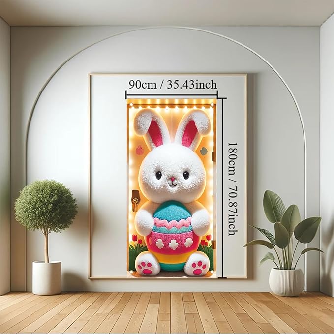 Happy Easter Door Cover Decoration Easter Eggs Bunny Banner Welcome Spring Happy Easter Day Party Photography Background Backdrop for Party Decorations Supplies 70.8 x 35.4 inch