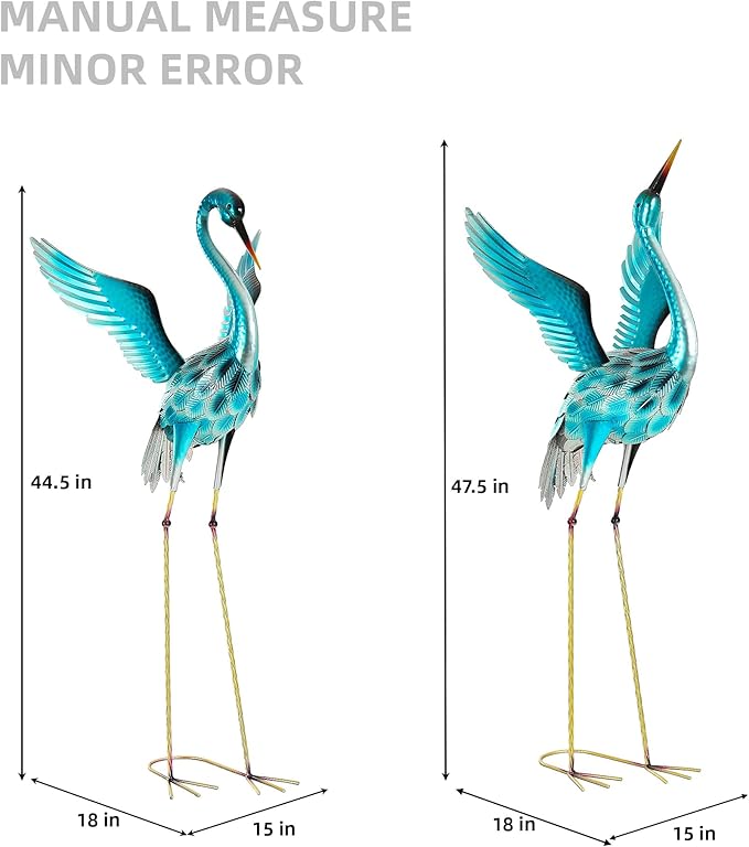 Extra-Large Blue Heron Decor, Handcrafted 47.5" Metal Crane Statue with Stable U-Ground Stakes, Backyard Decoration, Metal Garden Bird Animal Yard Art, Lawn Ornament Decor