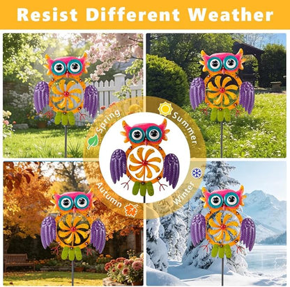Oak & Lore Colorful Owl Wind Spinners Outdoor Metal Garden Wind Sculptures & Spinners with Stakes for Patio, Lawn, Backyard Outdoor Decor