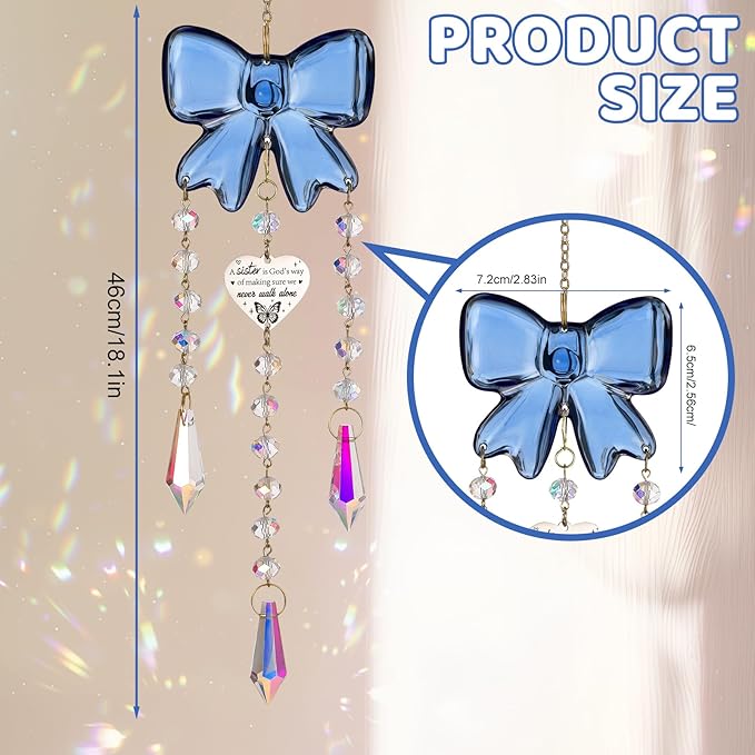 Crystal Sun Catchers Indoor Window,Bow Decor Sun Catcher for Sister Gifts with 3 Chains,Prism Rainbow Crystal Suncatcher for Hangings College Dorm Rooms Home Decoration Blue