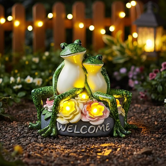 Solar Frog Garden Statues Outdoor Decor - 5.5" Resin Frog Figurine with Welcome Sign, Waterproof Yard Art Ornament for Patio Lawn Porch, Unique Housewarming Birthday Gifts for Women Mom Grandma