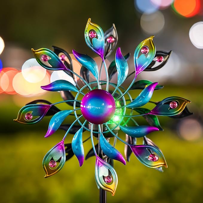 52'' Solar Wind Spinner Outdoor Metal - Kinetic Garden Wind Sculptures with Multi-Color Changing LED Glass Ball, Peacock Tail Design Yard Art Stake Decor for Patio, Lawn, Pathway Decoration