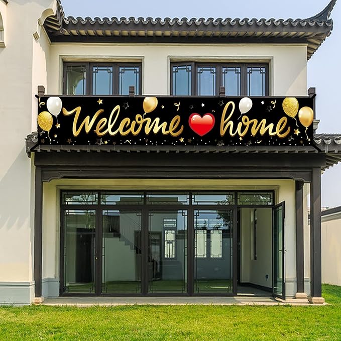 Welcome Home Banner Decoration, Black Gold Welcome Back Home Yard Sign for Outdoor Decor, Military Homecoming Deployment Returning Party Supplies