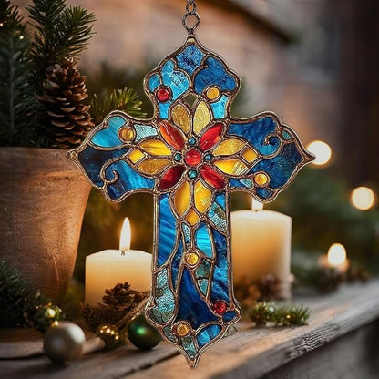 Mosaic Style Christian Cross Tiffany Effect Acrylic Suncatcher Stained Glass Effect Window Car Hanging Christmas Ornament Indoor Outdoor Decor Garden Sun Catcher Panel for Women Mom Grandma