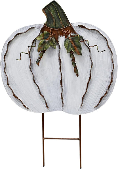 Morning View Pumpkin Garden Stakes Metal Yard Sign Fall Decor Outdoor Autumn Yard Stake Art White Pumpkin Lawn Ornaments for Patio Porch Thanksgiving Halloween Harvest 17.5 Inches Tall (White)