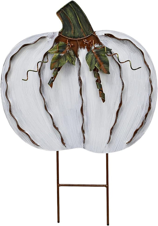 Morning View Pumpkin Garden Stakes Metal Yard Sign Fall Decor Outdoor Autumn Yard Stake Art White Pumpkin Lawn Ornaments for Patio Porch Thanksgiving Halloween Harvest 17.5 Inches Tall (White)