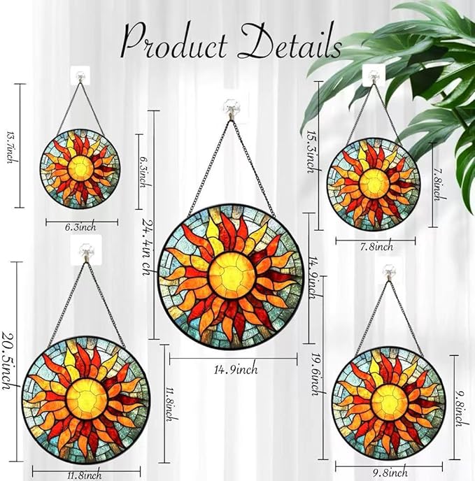 Funoasis Stained Glass Window Hanging 6.3 Inches Suncatcher - Sun and Sun Flames Ornaments Sun Catcher Home Decor Women Birthday