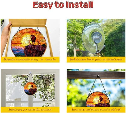 GENANY Lion Stained Glass Window Hanging, Animal Sun Catcher with Metal Chain and Hook, Lion Spring Ornament Gifts for Women Men, Spring Home Decorations, Wildlife Themed Housewarming Gifts