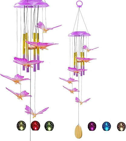 Outdoor Solar Wind Chime Decoration, Mother's Day Birthday Gifts for Grandma, Mom and Family, Outdoor Garden and Courtyard Wind Chime Accessories (Purple Butterfly)