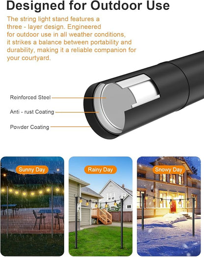 4 Pack String Light Poles for Outside, Thickened Metal Christmas Lights Hanger Pole Outdoor with Fork, Lighting Hanging Post Accessories for Patio Decor Garden Backyard Yard Outside Decorations