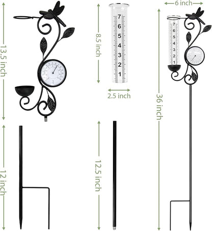 Dragonfly Rain Gauge Garden Decor, 32" Thermometer Patio Decor, 7" Capacity Rain Gauge Replacement Tube Glass, Outdoor Temperature Patio Decor