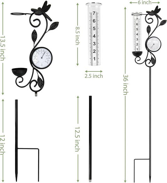 Dragonfly Rain Gauge Garden Decor, 32" Thermometer Patio Decor, 7" Capacity Rain Gauge Replacement Tube Glass, Outdoor Temperature Patio Decor