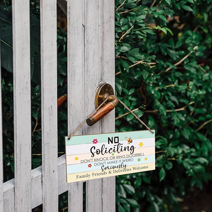 Wood Hanging Decor Sign, No Soliciting, Don't Knock or Ring Doorbell, Rustic Wood Front Door Plaque Wall Art Decor Gift, 10" x 5" Wood Decor Hanging Sign for Porch Yard Farmhouse House Outdoor-07