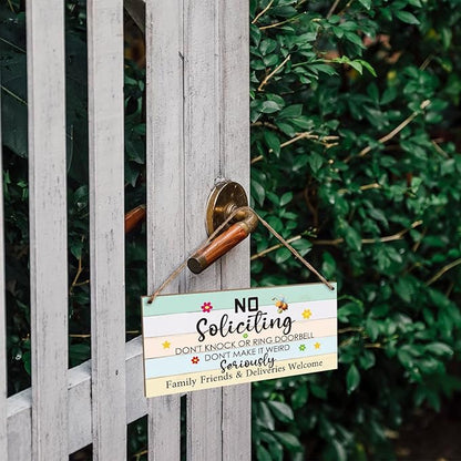 Wood Hanging Decor Sign, No Soliciting, Don't Knock or Ring Doorbell, Rustic Wood Front Door Plaque Wall Art Decor Gift, 10" x 5" Wood Decor Hanging Sign for Porch Yard Farmhouse House Outdoor-07