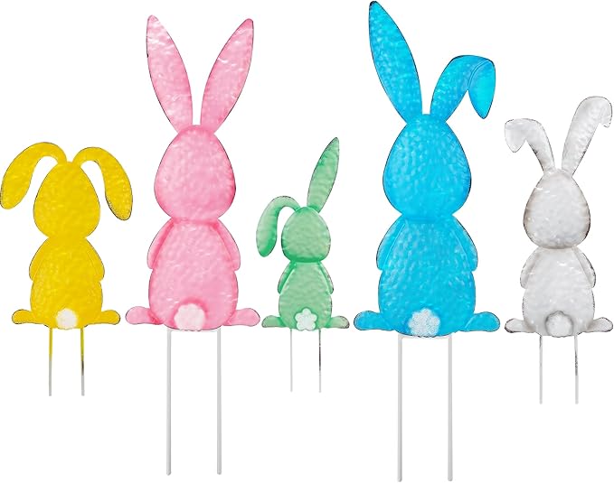Treewoll5 Packs Easter Garden Stakes Decorations, Metal Bunny Yard Signs, Adorable Rabbit Stakes in Five Colors for Courtyard Patio Spring Lawn Holiday Outdoor Display Props