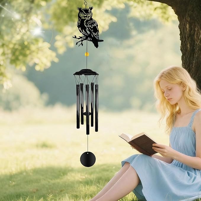 Owl Wind Chimes for Outside - Owls Windchimes Outdoors Metal Sympathy Owl Gifts for Women Mom Grandma Friend, Owls Wind Chime Outdoor Garden Patio Porch Balcony Decor (Black)
