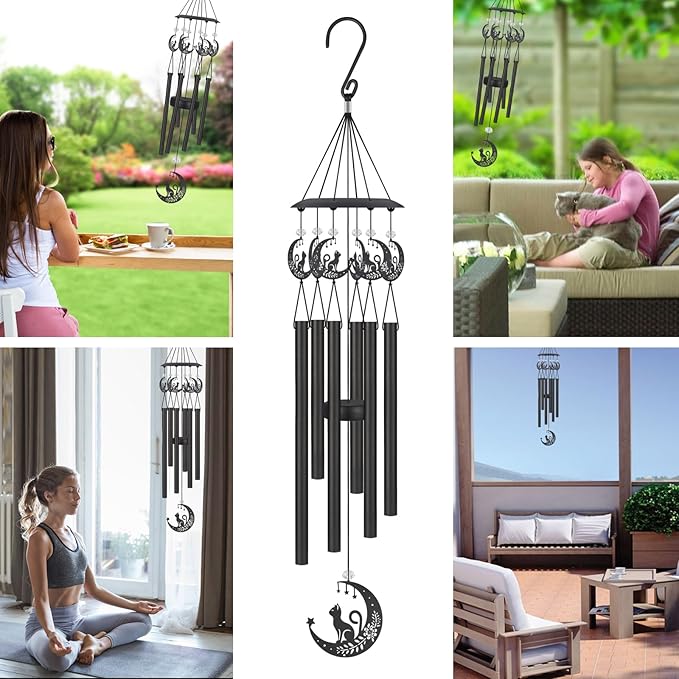 Wind Chimes for Outside,Sympathy Garden Decor Gifts for Women Mom and Grandma,Christmas Windchime in Loving Memory Outdoor Decoration for Yard, Patio, Porch, Lawn, Landscape,Halloween(Cat)