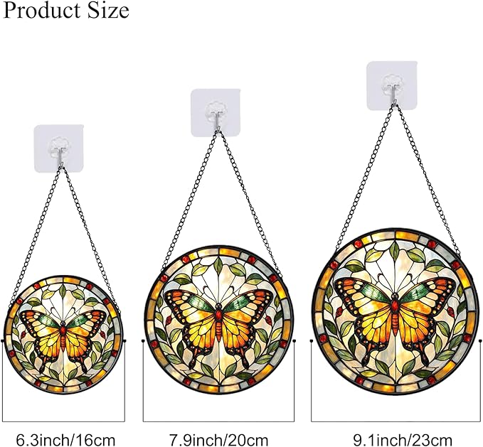 Butterfly Stained Glass Suncather for Window Hanging, 9'' Yellow Butterfly Ornament Gift for Women, Nature-Inspired Home Decor Gift for Mom, Grandma, Mother's Day (Yellow, 9'')