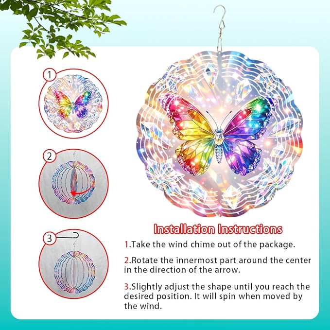 Butterfly Wind Chimes 10 x 10 Inch Hanging Garden Decor with Crystal Prism Rainbow Wing Design Aluminum Outdoor Yard Art for Patio Balcony Tree Porch Decoration Gift
