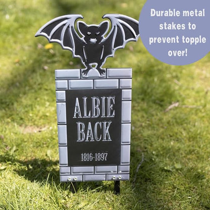 SCS Direct 3-D Metal Halloween Ghost Cemetery XL 17" Tombstone w Stakes -Albie Back- Durable, Rustproof, UV Raised Printing-Upgrade Your Haunted House Mansion w Cemetary Lawn Decor