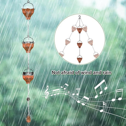 7.78ft Rain Chains for Outside, 8 Cups Copper Plated Lotus Rain Chain Cups, Adjustable Rain Catcher Chain with Bell for Eaves Drainage, Replacement for Downspout (Butterfly+Retro Copper)
