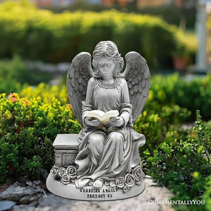 OrnamentallyYou Spring & Summer-Themed Garden Statues – Adorable Outdoor Decor for Lawn, Patio & Porch (Guardian Angel Reading Book Garden Statue, 10" Solar Powered Angelic Outdoor Figurine)