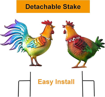 Colorful Rooster & Hen Garden Iron Stakes, Rustic Metal Garden Decor, Farm Animal Yard Art, Long-Lasting Outdoor Ornaments