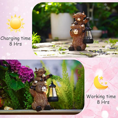 Solar Highland Cow Garden Decor - Resin Cow Statue with Solar Lantern Outdoor Yard Patio Decor - Ideal Gifts for Women,Mom Men (Copper)