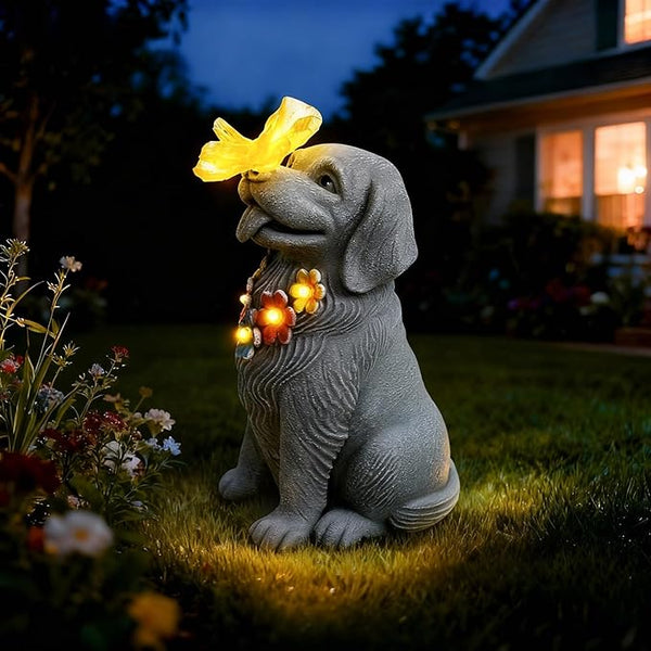 Dog Garden Statue with Solar Butterfly Light - Adorable Labrador Figurine with Flower Garland - Outdoor Decor for Patio & Pet Memorial Gift - Christmas Housewarming Birthday Gifts for Grandma Mom