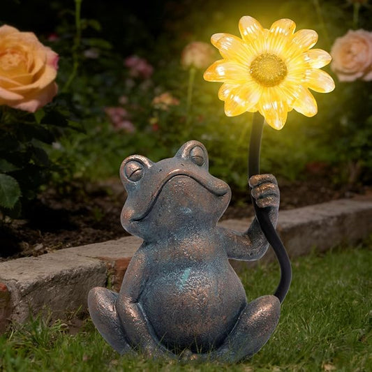 basen Solar Frog Statue with Glowing Sunflower Light, Outdoor Garden Frog Figurine Decor for Yard Lawn Patio, Resin Solar Animal Sculpture with LED Light for Garden Landscape Decoration