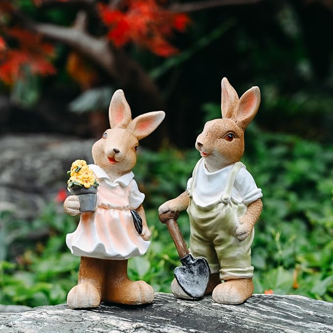 Rabbit Statues Outdoor, Bunny Garden Statue Patio Yard Deco Lucky Rabbit Outdoor Bunny Figurines and Statues Grandma Mom Women Gifts,8.1 inch (2 Pack)