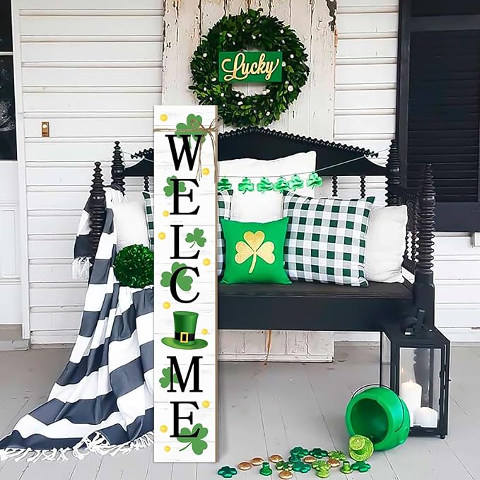 St. Patrick's Day Wooden Porch Sign 47" Spring Large Welcome Porch Sign for Home Front Door Yard Clover Party Decor (Green)