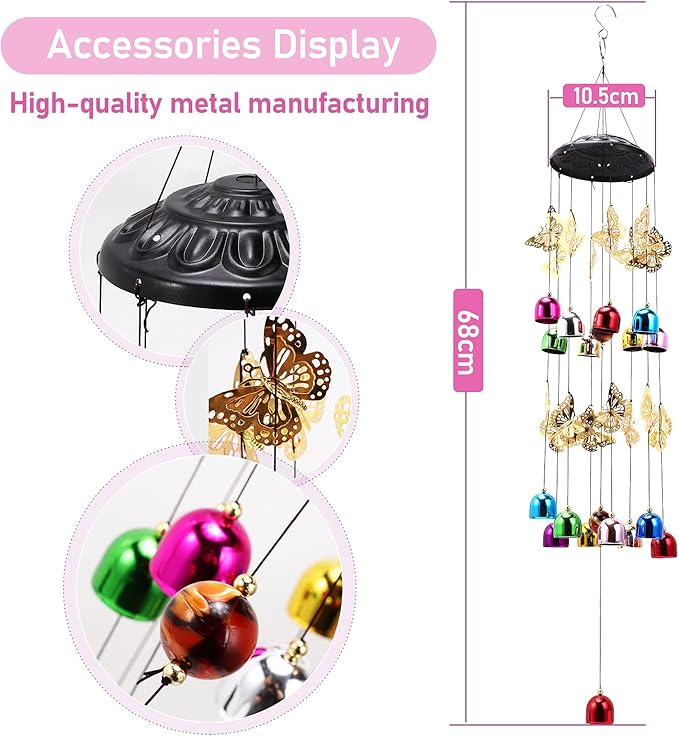 BWINKA Creative Design Wind Chimes, 27''H Colorful Butterfly Wind Chimes, Butterfly Gift for Family, Home, Garden, Patio, Backyard Decoration…