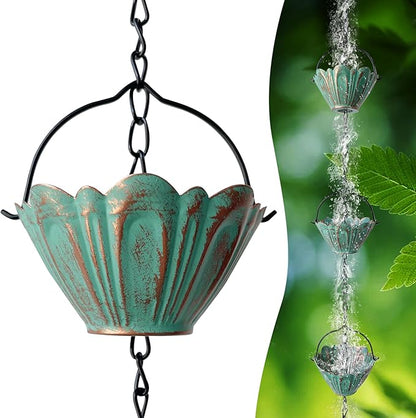 Rain Chains for Outside, 8.7FT Gutter Chain with 12 Lotus Cups Rain Catcher Chain Replacement Downspout for Gutters Eaves Drainage Decor, Bronze