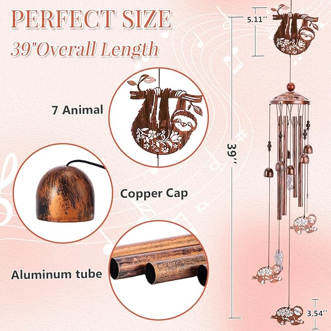 Sloth Wind Chimes for Outside - Metal Windchimes Outdoors, Sloth Gifts for Women/Men, Memorial/Birthday/Housewarming/Festival Gifts, Chimes for Garden Decor Patio Yard Outdoors