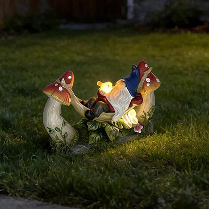 Solar-Powered Garden Gnome Statue - Mushroom LED Light Outdoor Lawn Ornament, Waterproof Resin Sculpture,Weather-Resistant Cute Figurine, Perfect for Yard, Garden Path, Patio Lighting Decor (Red)