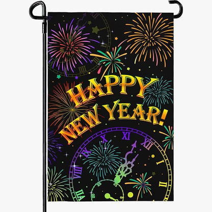 Happy New Year Garden Flags Firework Sparkle Night Sky Yard Flag 12x18 Inch Double Sided New Year Decorations for Outside lawn Celebrate Party Flag