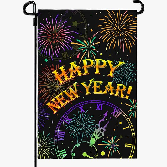 Happy New Year Garden Flags Firework Sparkle Night Sky Yard Flag 12x18 Inch Double Sided New Year Decorations for Outside lawn Celebrate Party Flag