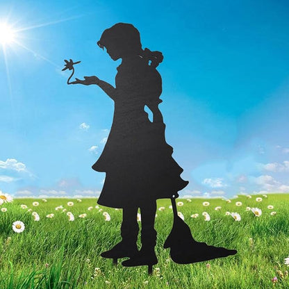 Iron Children Chasing Butterfly Statues Rustic Kids Silhouette Garden Yard Stakes Art Patio Porch Lawn Ornaments (2pcs Girls B)