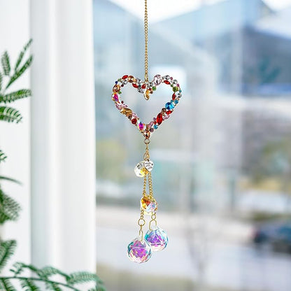 Heart-Shaped Colorful Crystal Rhinestones Suncatcher Window Hang Pendant, Rainbow Crystal Drops Ball Prisms Imitation Jewellery Ornament Gift