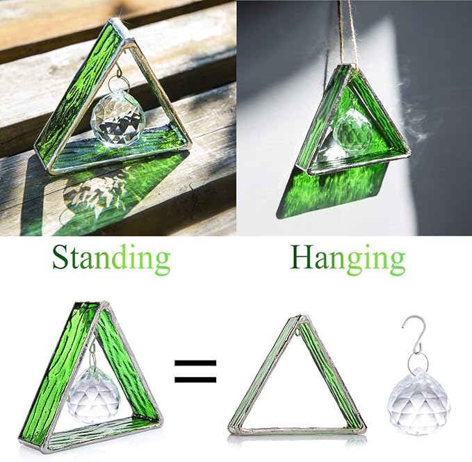 H&D HYALINE & DORA Handcrafted Pyramid in Stained Glass, Crystal Ball Prism Decor Stained Glass Window Sun Catcher Hangings Ornament, Home Table Wall Car Decor,Green