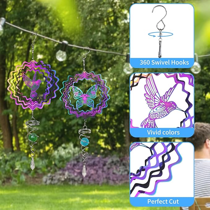 Andiker Butterfly Wind Spinner with Tail Spinner, 3D Gradient Color Garden Spinner with Ball Spiral Tail, Metal Hanging Wind Chime for Indoor Outdoor Garden Decoration (Colorful Butterfly)