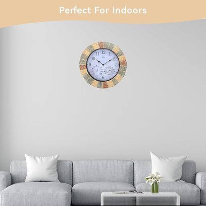 Lily's Home Hanging Wall Clock, Includes a Thermometer and Hygrometer and is Ideal for Indoor and Outdoor Use, Faux-Stone (10 Inches)