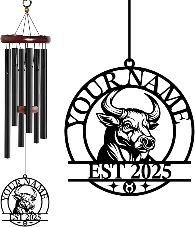 Personalized Customize Name 12 Zodiac Signs Wind Chime, Metal Iron 37 Inch Outdoor Memorial Gift for Garden Yard Patio Home Decor, Black (Taurus)