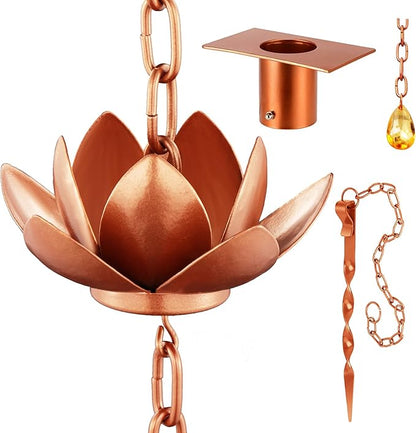 Rifachua 8.5ft Lotus Rain Chain for Gutters Downspouts Outside with Rain Chain Anchor Anchoring Stake Base Copper