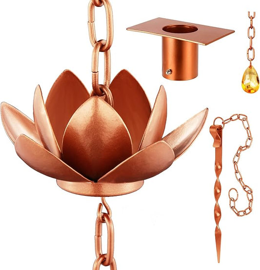 Rifachua 8.5ft Lotus Rain Chain for Gutters Downspouts Outside with Rain Chain Anchor Anchoring Stake Base Copper