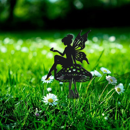 WADORN Flower Fairy Metal Garden Yard Decor, Fairy Theme Outdoor Silhouette Stake Ornaments Mushroom Fairy Sculpture Statues Garden Arts Decor for Backyard Lawn Patio Outdoor Spring Decor