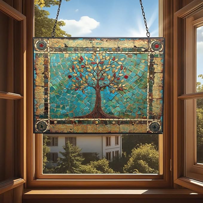 Customized Rectangle Tree of Life Stained Glass Window Hanging Sun Catcher Halloween Haning Ornament Decoration Christmas Birthday Gifts for Lover Friends Mother