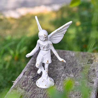 Sungmor Cast Iron Angel Statue, Rustic White Playful Fairy Figurines, Creative Angel Pixie Collection Home Office Desk Decor, Indoor Outdoor Fairy Garden Accent Ornament
